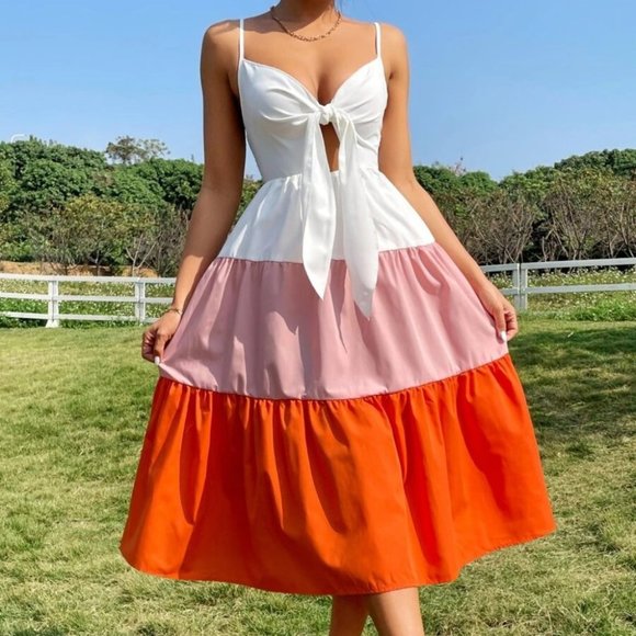 . Dresses & Skirts - Knot Front Ruffle Hem Cami Dress - ColorBlock
